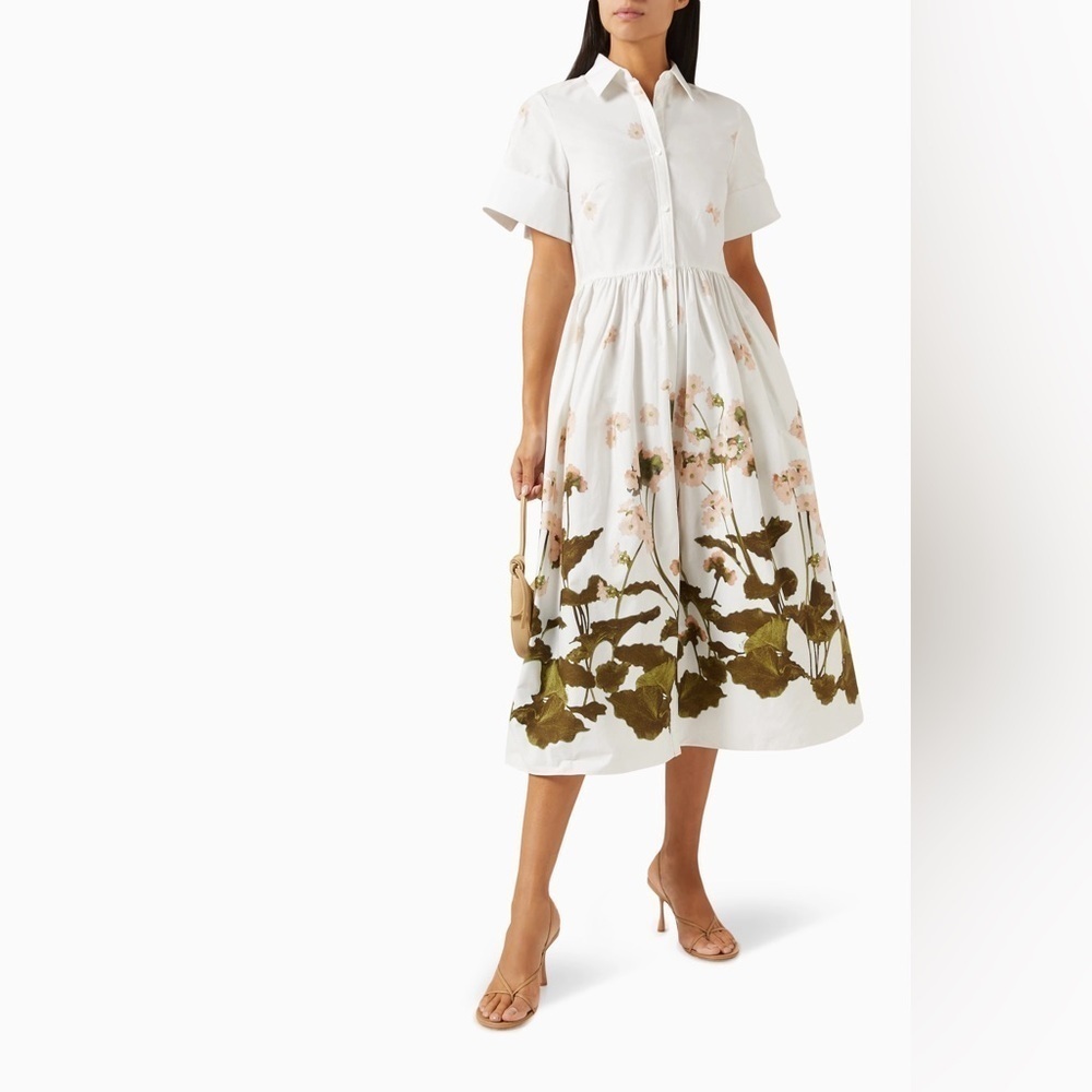 ERDEM Short-Sleeve Midi Shirt Dress in Cotton White and Green Floral 0 NWT 1345$ - Picture 3 of 14